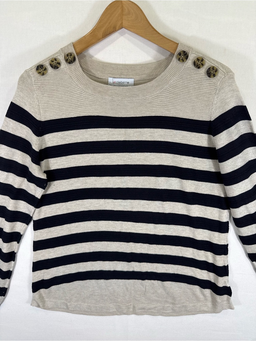 Liz Claiborne Beige and Black Striped Button-Shoulder Crewneck Sweater